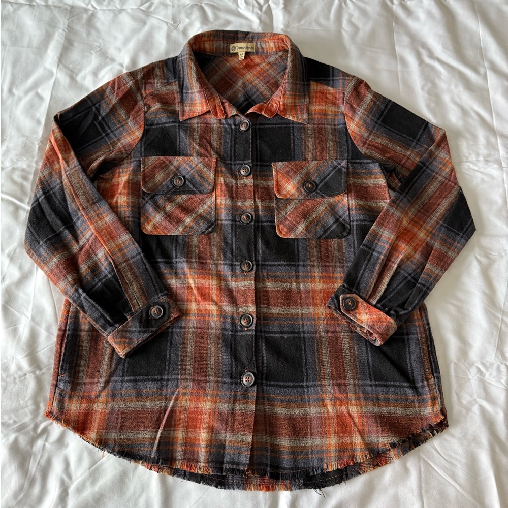 Orange And Black Plaid Flannel With Raw Hem